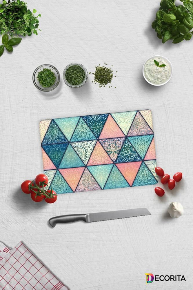 Renkli Mandala Desenli | Cam Kesme Tahtası - Cam Kesme Tablası | 29 cm x 34 cm