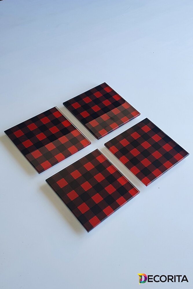 Cam Bardak Altlığı | 4'lü Takım Ekose Desen | 10cm X 10cm