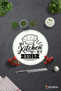Beyaz Fon My Kitchen My Rules | Cam Kesme Tahtası - Cam Kesme Tablası  Çap32 cm