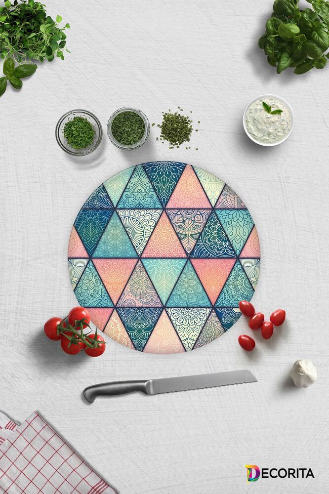 Renkli Mandala Desenli | Cam Kesme Tahtası - Cam Kesme Tablası | 29 cm x 34 cm