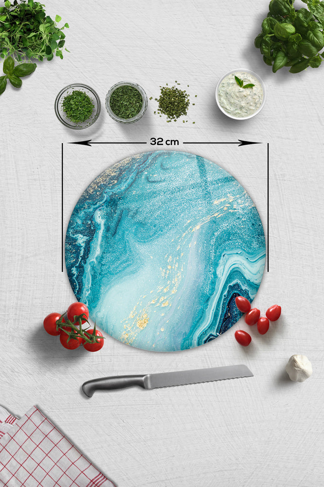 Cam Kesme Tablası - Cam Kesme Tahtası | Gold Detaylı Turkuaz Desen | 20cm x 30cm