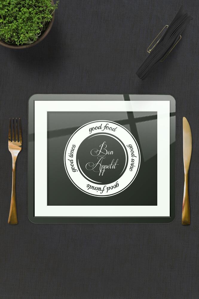2'li Takım | Cam Tabak - Kahvaltı Tabağı - Pasta Tabağı | Good Food - Siyah Fon | 29cm X 34cm
