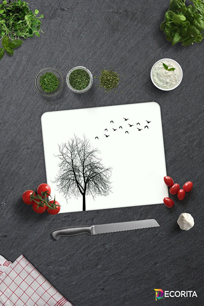 Ağaç ve Kuş Desenli | Cam Kesme Tahtası - Cam Kesme Tablası | 20cm x 30cm