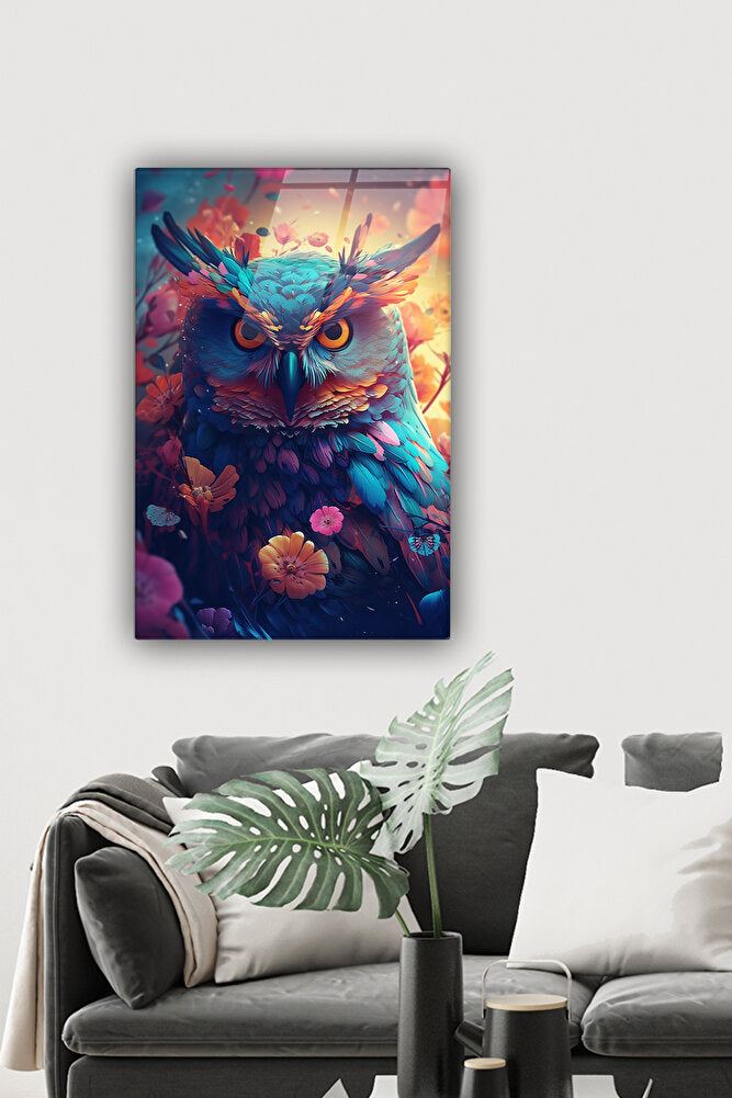 Cam Tablo | Fantastik Renkli Baykuş | 40cm X 60cm
