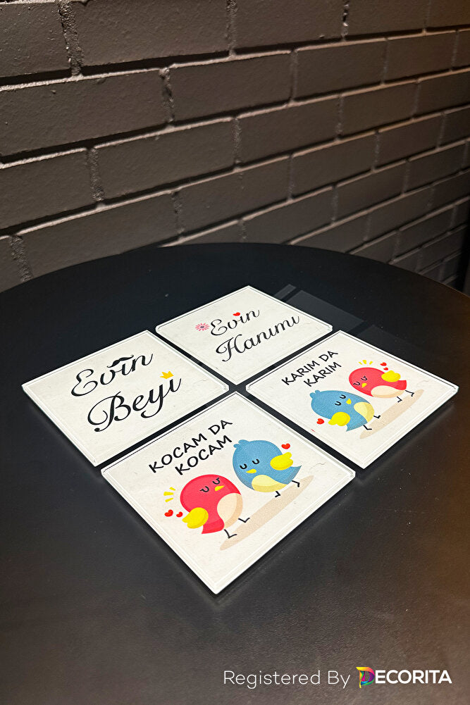 Cam Bardak Altlığı | Komik Sözler Serisi | Evin Beyi-Hanımı | 4'lü Takım | 10cm x 10cm