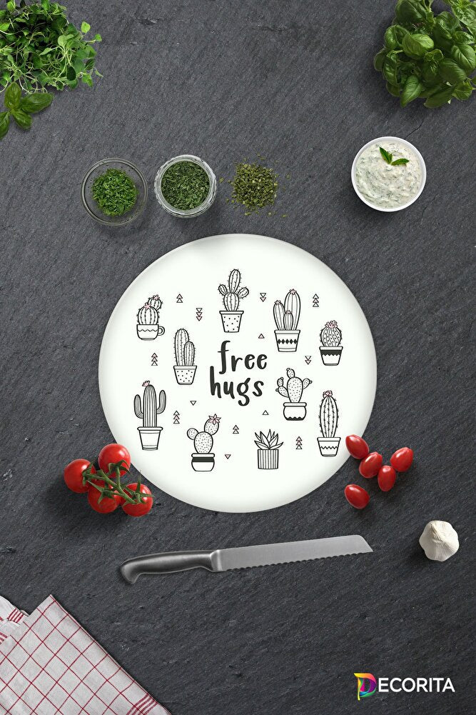 Free Hugs | Cam Kesme Tahtası - Cam Kesme Tablası | Çap 32cm