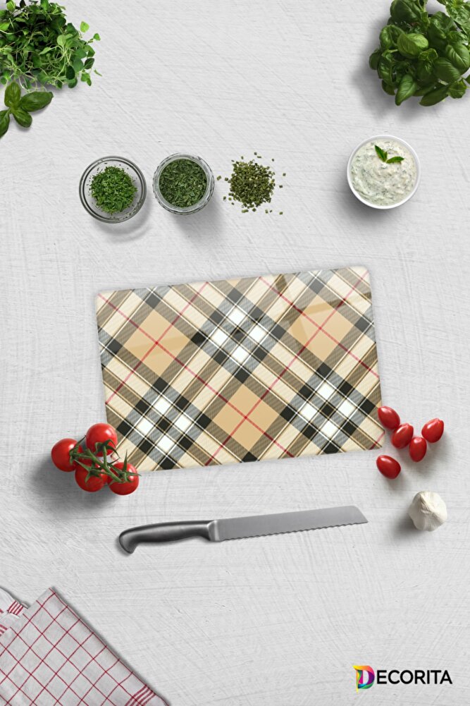 Cam Kesme Tahtası - Cam Kesme Tablası | Krem Ekose Desen | 20cm X 30cm