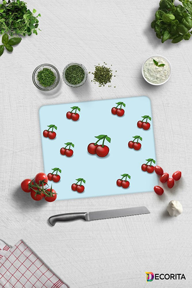 Mavi Dokulu Kiraz Desenli | Cam Kesme Tahtası - Cam Kesme Tablası | 29cm X 34cm
