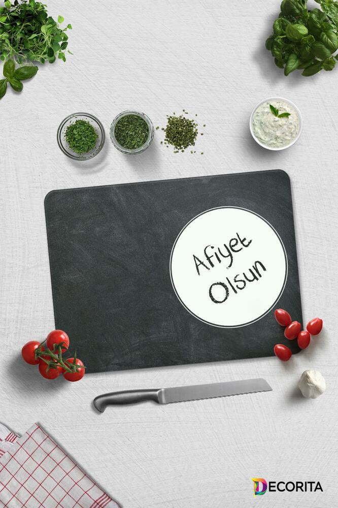 Afiyet Olsun | Kara Tahta Görünümlü | Cam Kesme Tahtası - Cam Kesme Tablası | 30cm X 40cm