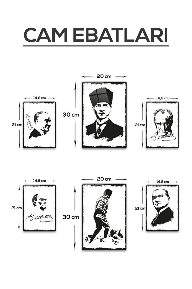 Cam Tablo | Atatürk Silüetleri | 6'lı Takım | 14,8cm x 21cm, 20cm x 30cm