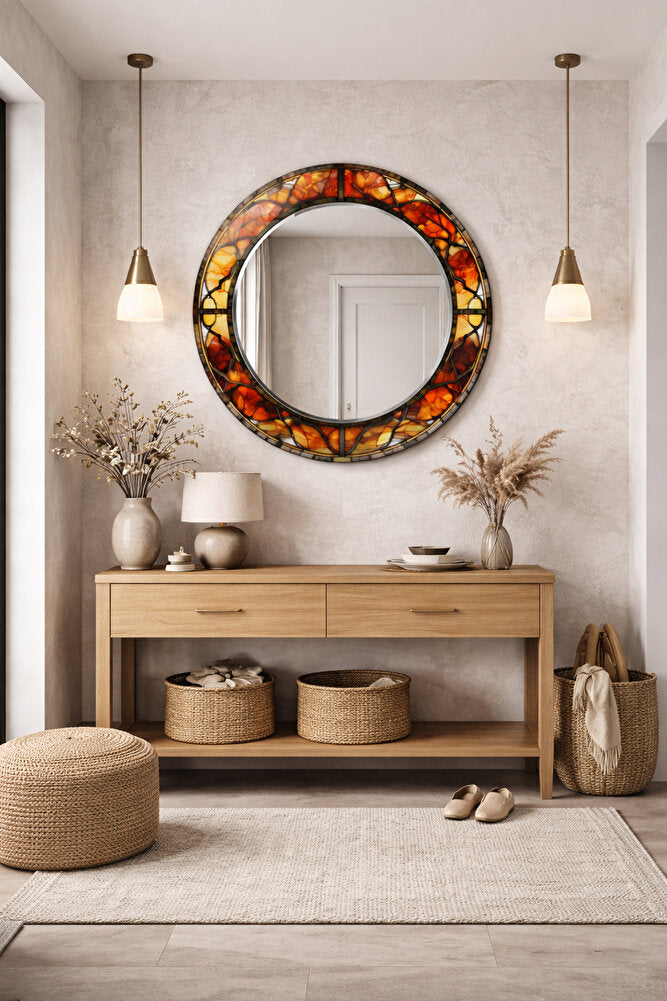 Dekor Camı ve Ayna | Modern Vitray Desenli Yuvarlak Dekoratif Ayna | 70cm x 70cm