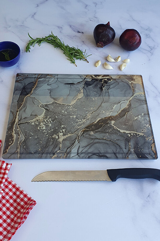 Kanallı Cam Kesme Tahtası - Cam Kesme Tablası | Gri Gold Mermer | 25cm X 35cm | Patentli Ürün