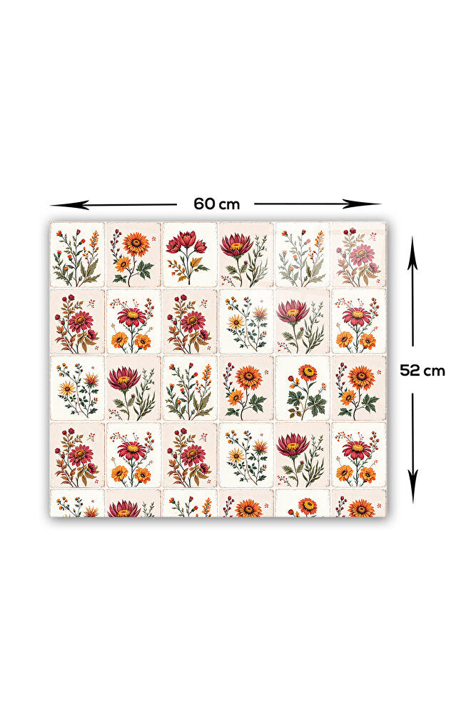 Cam Ocak Arkası Koruyucu | Çiçekli Karo Desen | 49,5cm x 76cm