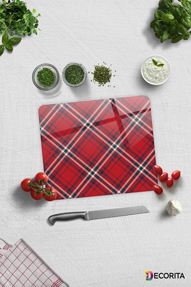 Cam Kesme Tahtası - Cam Kesme Tablası | Kırmızı-beyaz Ekose Desen | 29cm X 34cm
