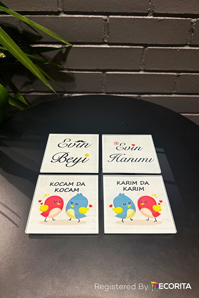 Cam Bardak Altlığı | Komik Sözler Serisi | Evin Beyi-Hanımı | 4'lü Takım | 10cm x 10cm