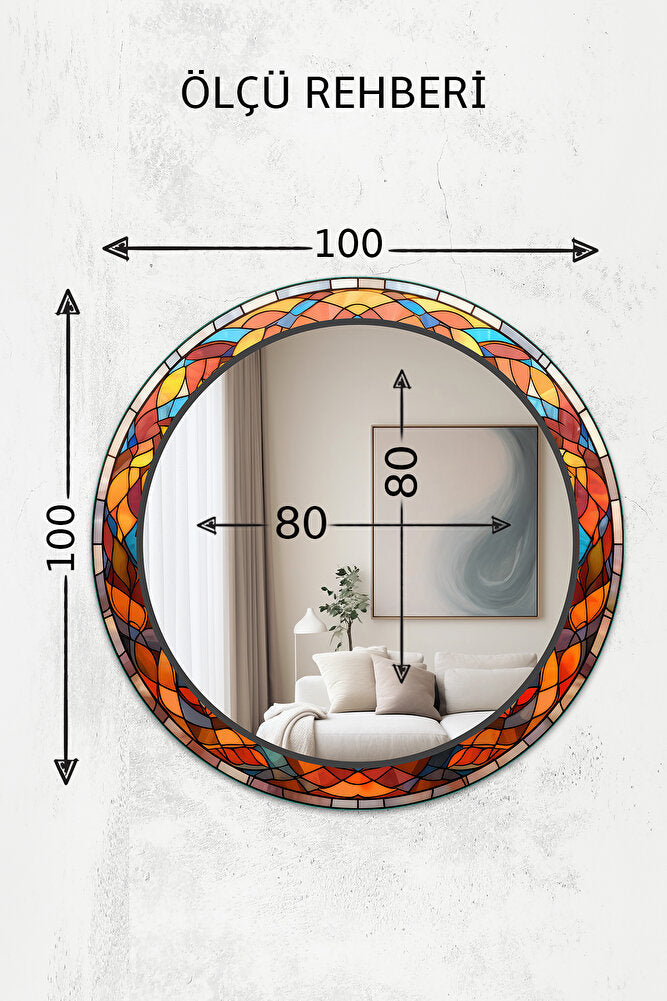 Dekor Camı ve Ayna | Renkli Vitray Desenli Yuvarlak Dekoratif Ayna | 100cm x 100cm