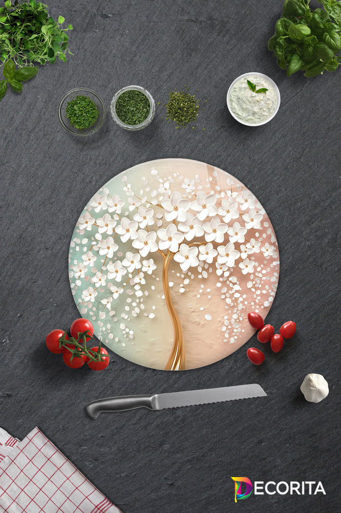 Cam Kesme Tablası - Cam Kesme Tahtası | Beyaz Çiçek - Renkli | Çap32cm