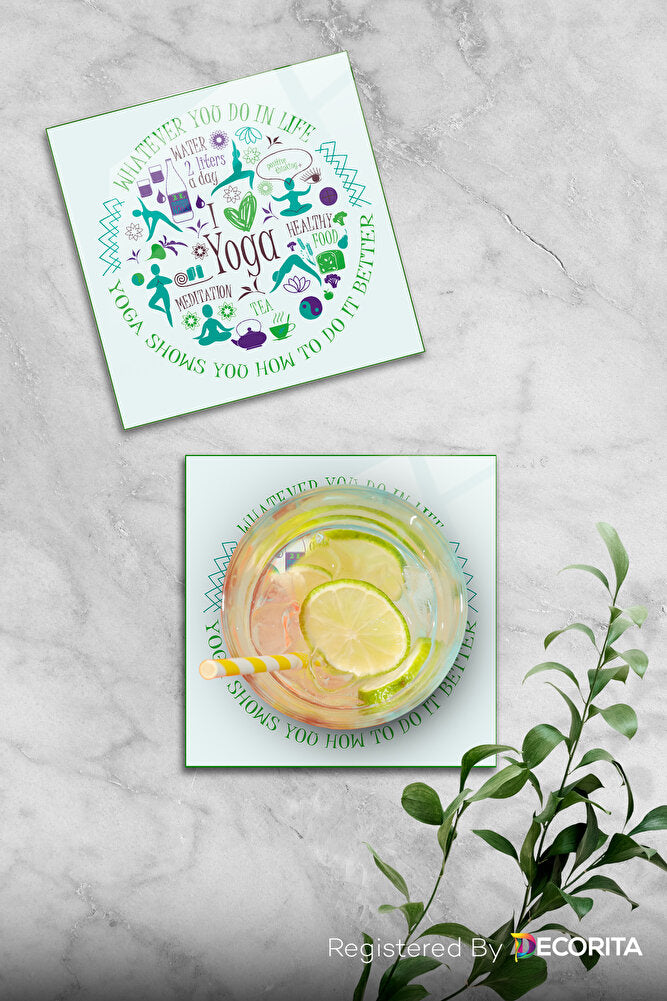 Cam Bardak Altlığı | I Love Yoga | 4'lü Takım | 10cm X 10cm