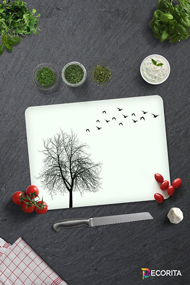 Ağaç ve Kuş Desenli | Cam Kesme Tahtası - Cam Kesme Tablası | 20cm x 30cm