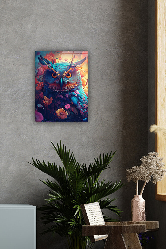 Cam Tablo | Fantastik Renkli Baykuş | 40cm X 60cm