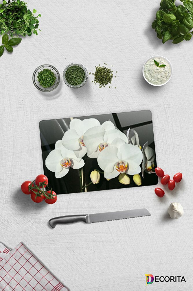 Cam Kesme Tahtası Cam Kesme Tablası  Orkideli Mutfak 20 cm x 30 cm