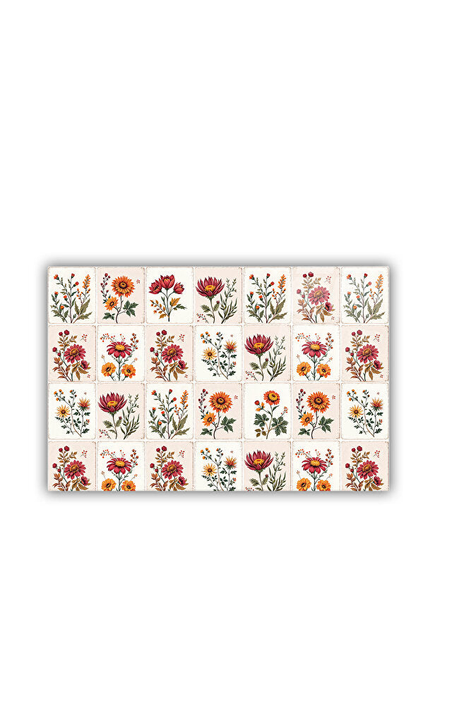 Cam Ocak Arkası Koruyucu | Çiçekli Karo Desen | 49,5cm x 76cm