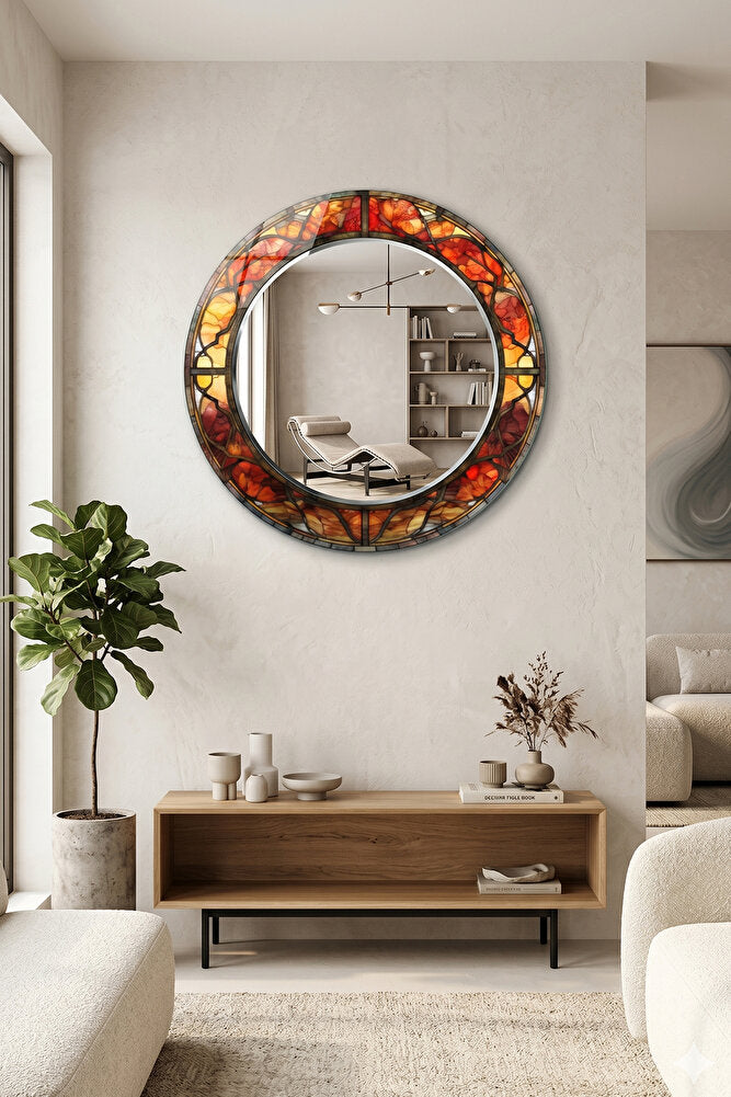 Dekor Camı ve Ayna | Modern Vitray Desenli Yuvarlak Dekoratif Ayna | 70cm x 70cm