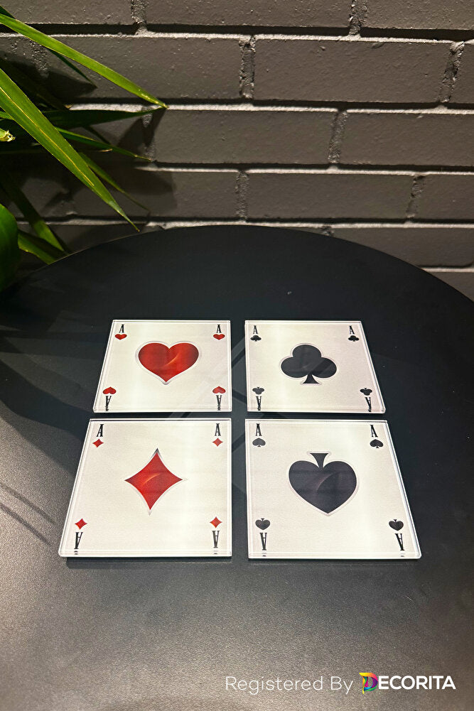 Cam Bardak Altlığı | İskambil Bardak Altlığı | 4'lü Takım | 10cm x 10cm
