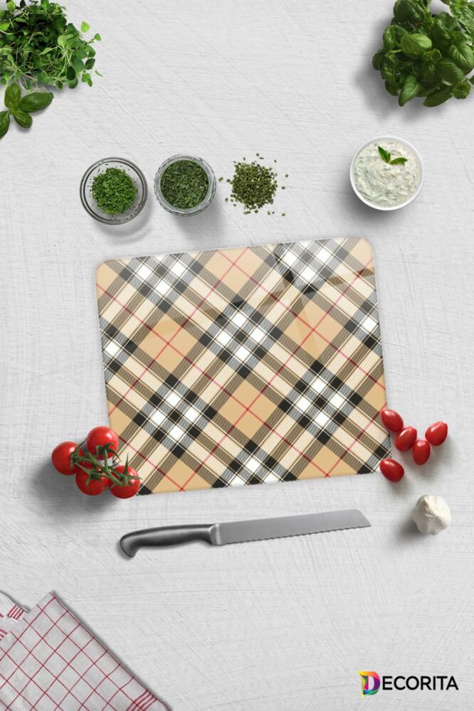 Cam Kesme Tahtası - Cam Kesme Tablası | Krem Ekose Desen | 29cm X 34cm