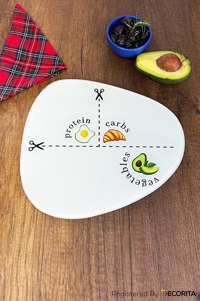 Cam Diyet Tabağı | Cam Sunum Tabağı | Porsiyon Tabağı - Avokado Görselli | 25cm x 28cm