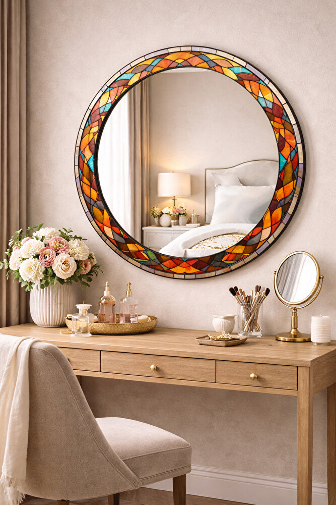 Dekor Camı ve Ayna | Renkli Vitray Desenli Yuvarlak Dekoratif Ayna | 100cm x 100cm
