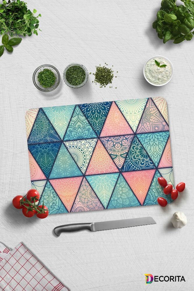 Renkli Mandala Desenli | Cam Kesme Tahtası - Cam Kesme Tablası | 29 cm x 34 cm
