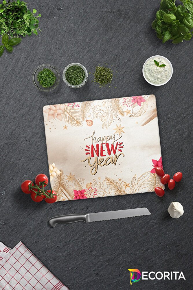 Cam Kesme Tahtası - Cam Kesme Tablası | Happy New Year - Gold | 29cm X 34cm