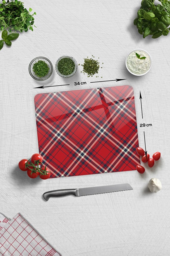 Cam Kesme Tahtası - Cam Kesme Tablası | Kırmızı-beyaz Ekose Desen | 29cm X 34cm