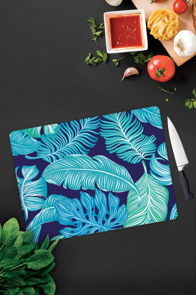 Mavi Tropik Yapraklar | Cam Kesme Tahtası - Cam Kesme Tablası | 30 cm x 40 cm