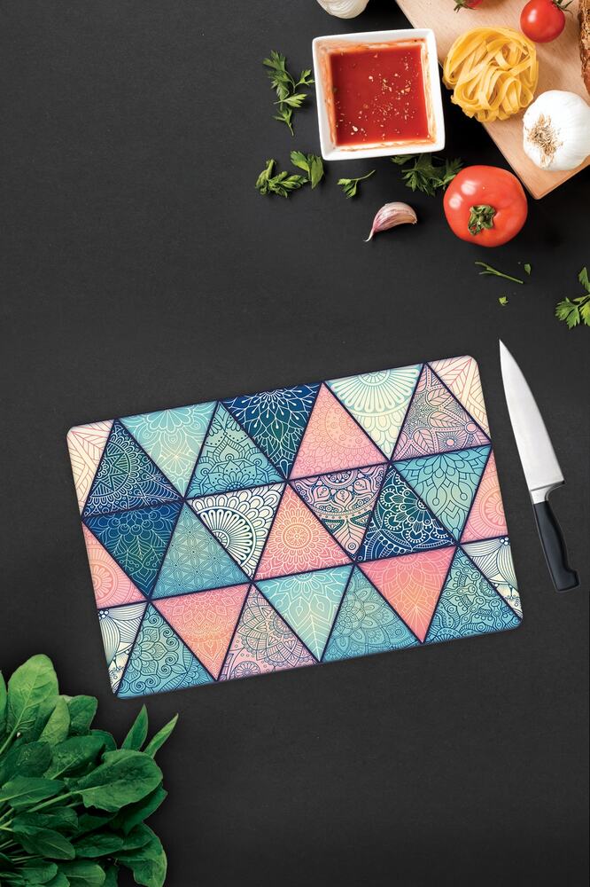 Renkli Mandala Desenli | Cam Kesme Tahtası - Cam Kesme Tablası | 29 cm x 34 cm
