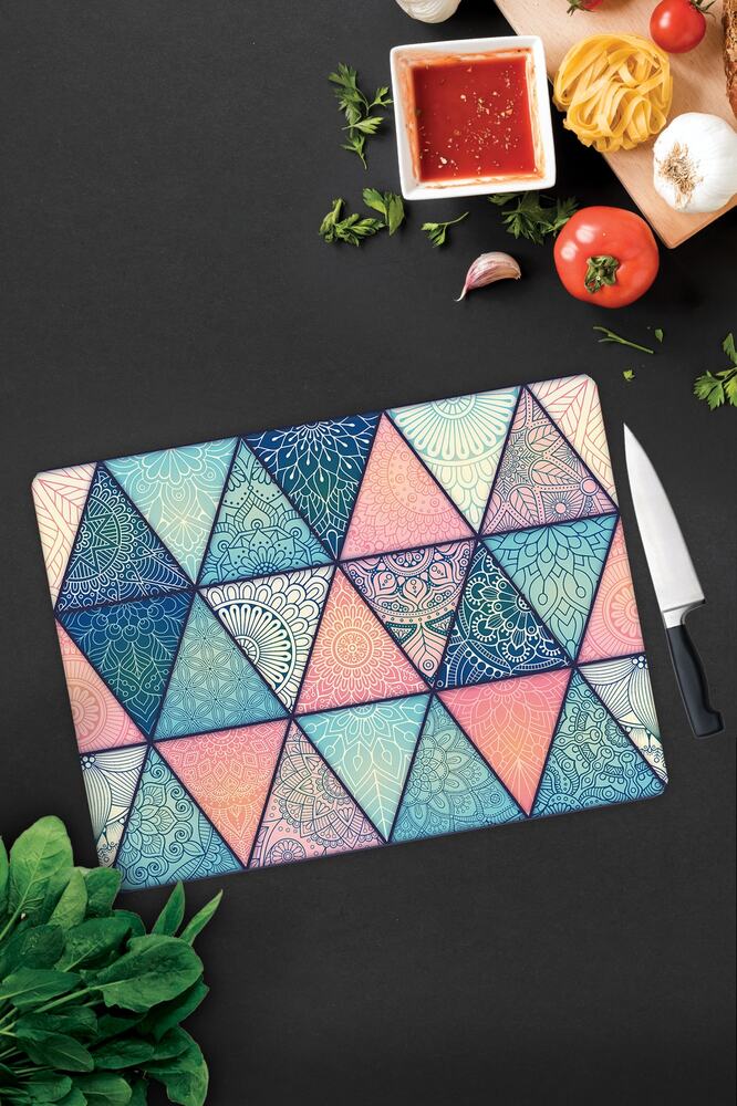 Renkli Mandala Desenli | Cam Kesme Tahtası - Cam Kesme Tablası | 29 cm x 34 cm