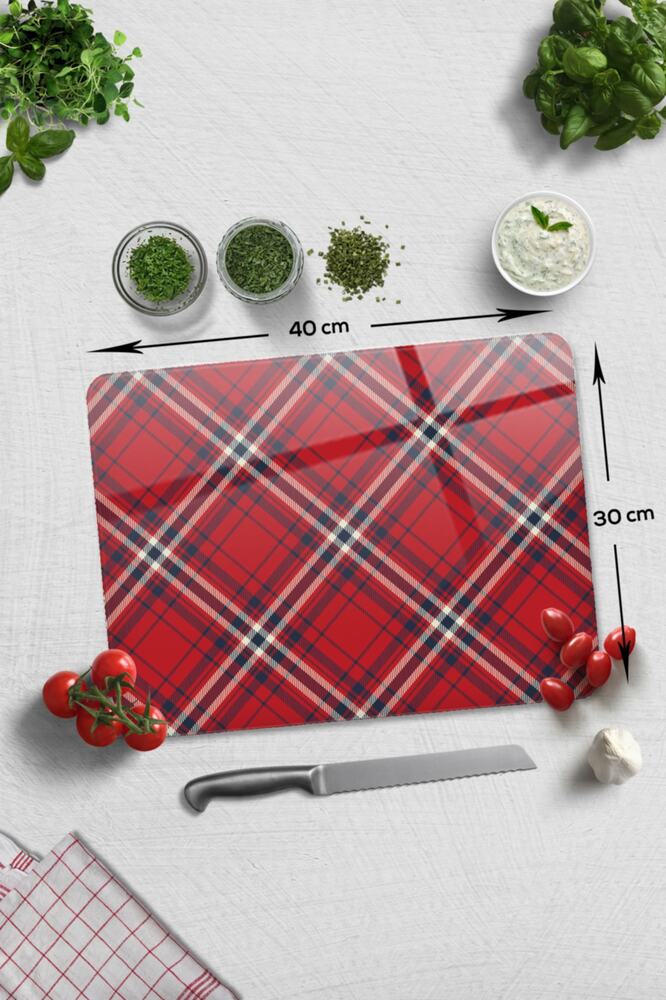 Cam Kesme Tahtası - Cam Kesme Tablası | Kırmızı-beyaz Ekose Desen | 30cm X 40cm