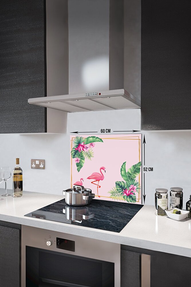 Cam Ocak Arkası Koruyucu | Tropik Yapraklar & Flamingo | 52cm X 60cm
