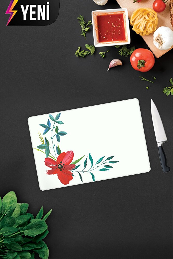 Çiçek Motifi Desenli | Cam Kesme Tahtası - Cam Kesme Tablası | Çap 32cm