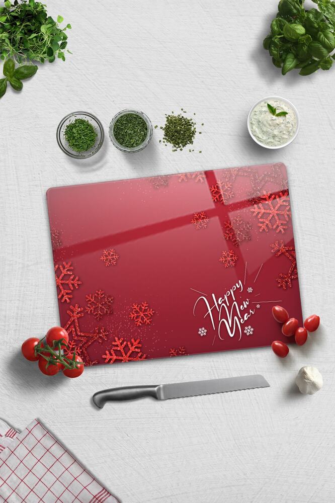 Cam Kesme Tahtası - Cam Kesme Tablası | Happy New Year Kırmızı | 30cm X 40cm