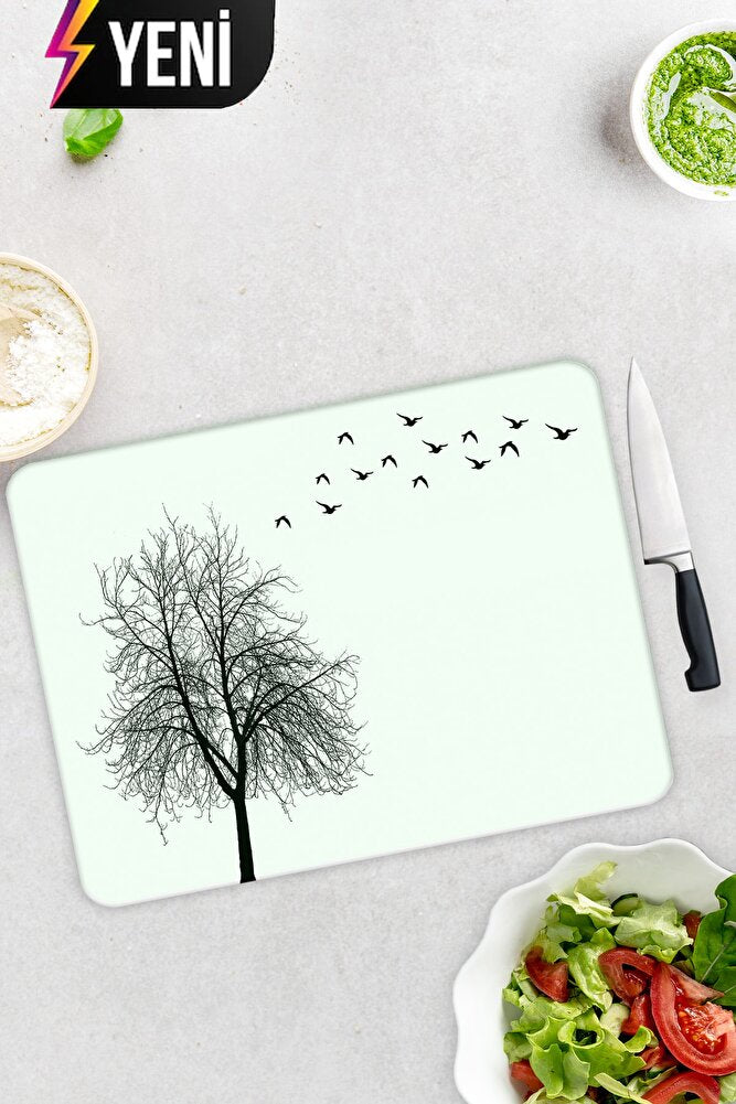 Ağaç ve Kuş Desenli | Cam Kesme Tahtası - Cam Kesme Tablası | 20cm x 30cm