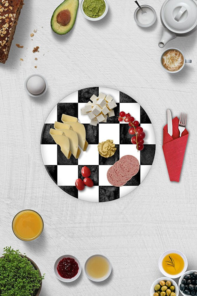 2'li Takım | Cam Tabak - Kahvaltı Tabağı - Pasta Tabağı | Damalı Desen | Çap32cm