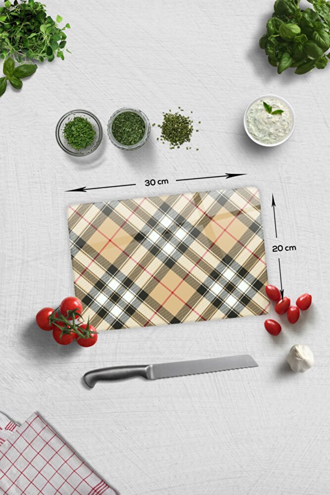 Cam Kesme Tahtası - Cam Kesme Tablası | Krem Ekose Desen | 20cm X 30cm