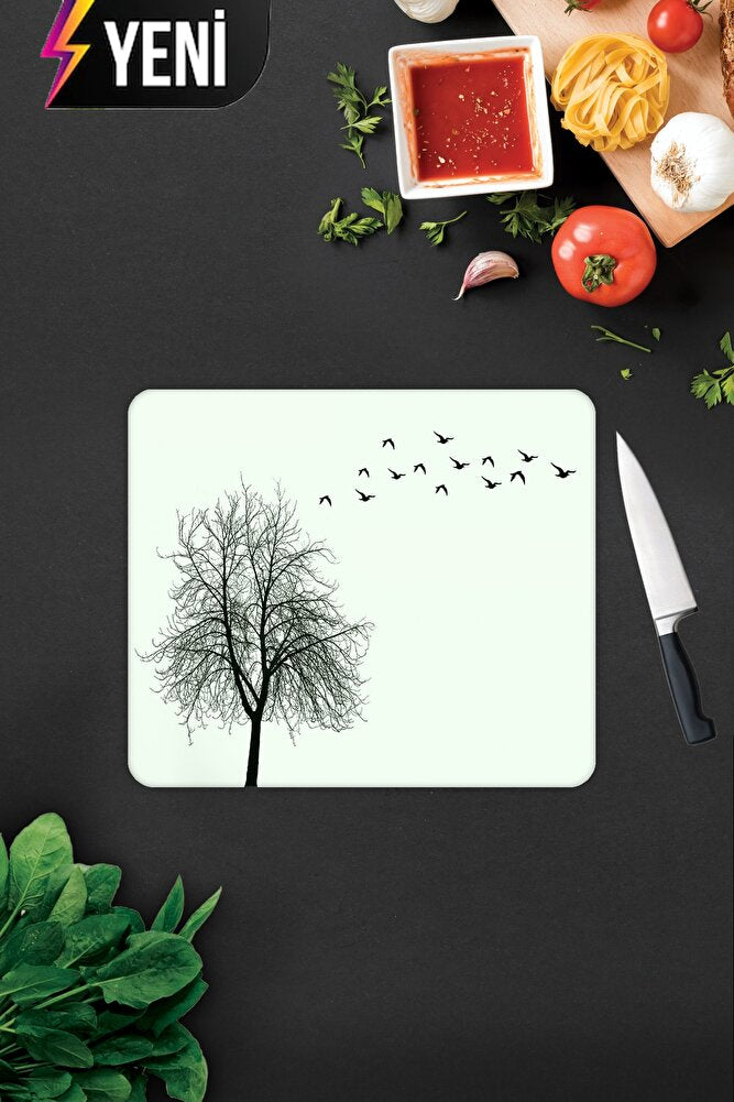 Ağaç ve Kuş Desenli | Cam Kesme Tahtası - Cam Kesme Tablası | 20cm x 30cm