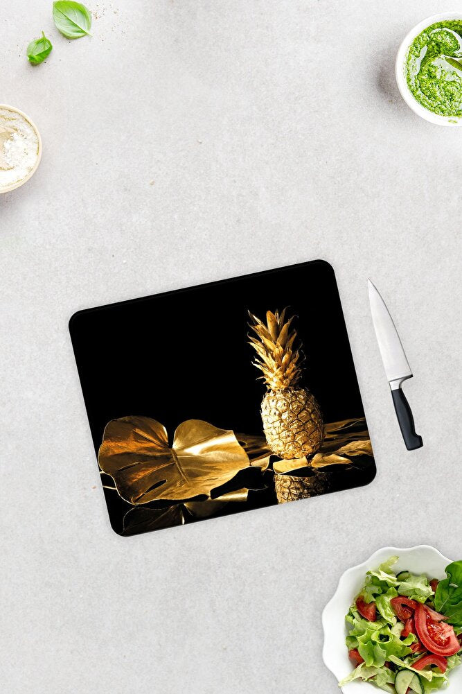 Altın Ananas | Cam Kesme Tahtası - Cam Kesme Tablası | 29cm X 34cm