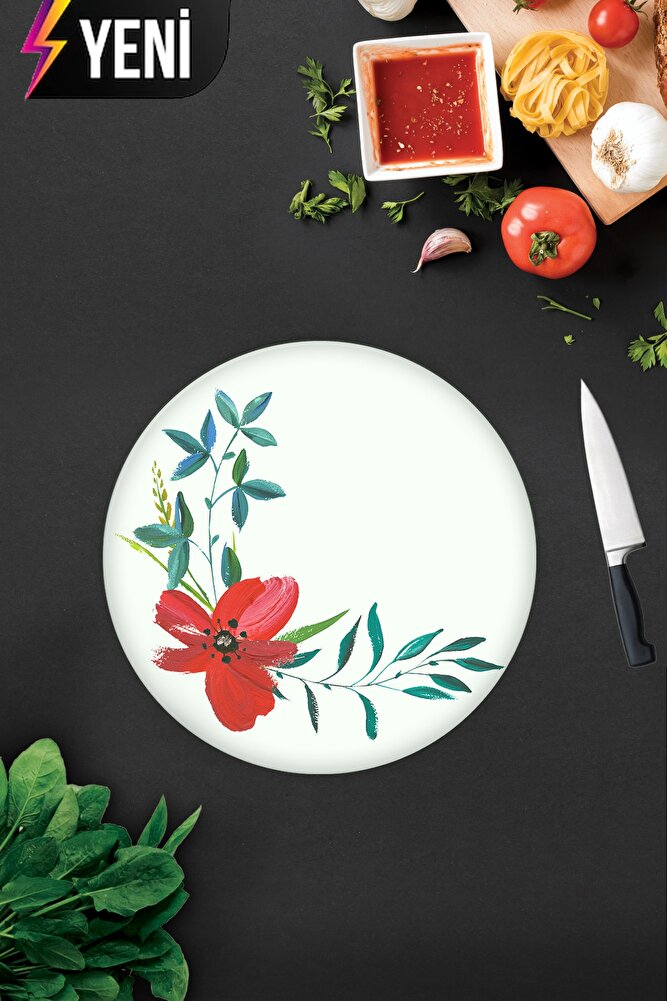 Çiçek Motifi Desenli | Cam Kesme Tahtası - Cam Kesme Tablası | Çap 32cm