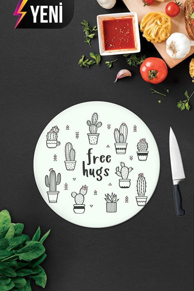 Free Hugs | Cam Kesme Tahtası - Cam Kesme Tablası | Çap 32cm
