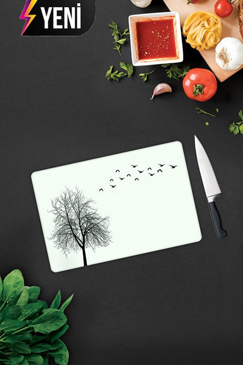 Ağaç ve Kuş Desenli | Cam Kesme Tahtası - Cam Kesme Tablası | 20cm x 30cm