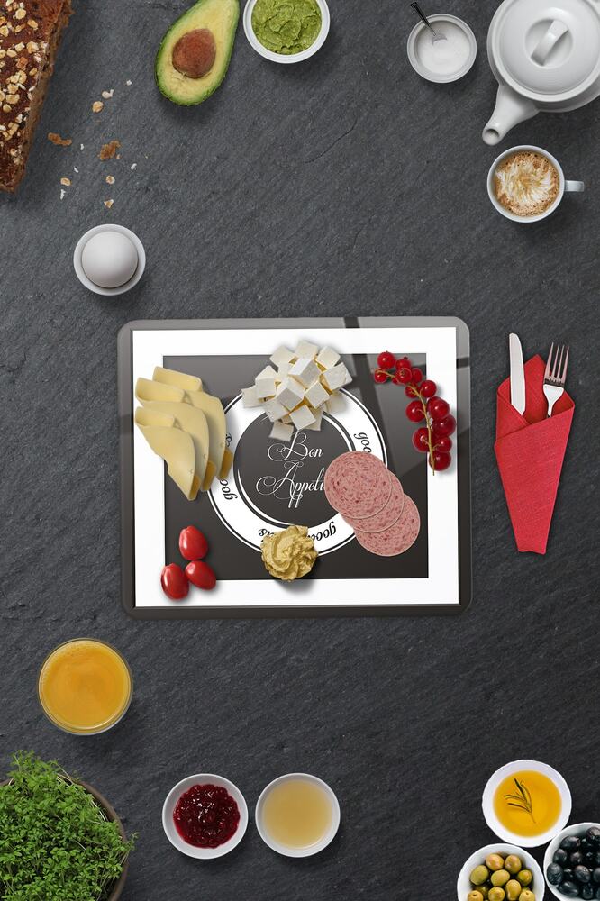 2'li Takım | Cam Tabak - Kahvaltı Tabağı - Pasta Tabağı | Good Food - Siyah Fon | 29cm X 34cm
